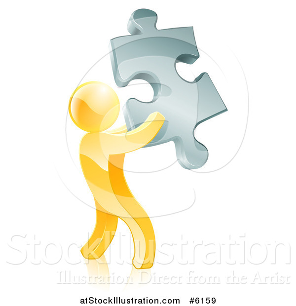 Vector Illustration of a 3d Gold Man Holding a Silver Puzzle Piece
