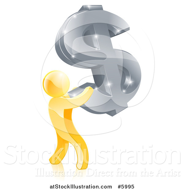 Vector Illustration of a 3d Gold Man Holding up a Giant Silver USD Dollar Symbol