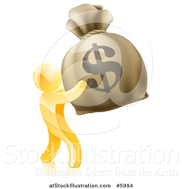 Vector Illustration of a 3d Gold Man Holding up a Large Dollar Money Bag