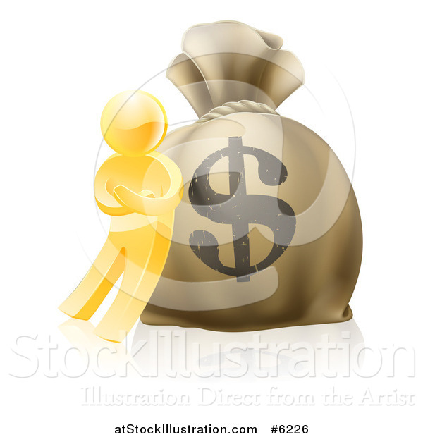 Vector Illustration of a 3d Gold Man Leaning Against a Large Dollar Money Bag