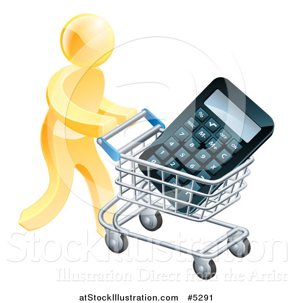 Vector Illustration of a 3d Gold Man Pushing a Calculator in a Shopping Cart