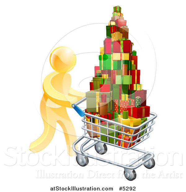 Vector Illustration of a 3d Gold Man Pushing a Shopping Cart Full of Presents