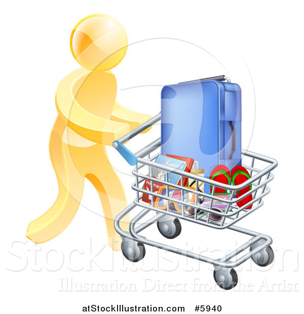 Vector Illustration of a 3d Gold Man Pushing Travel Accessories in a Shopping Cart