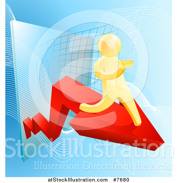 Vector Illustration of a 3d Gold Man Running on a Red Arrow over Graphs on Blue