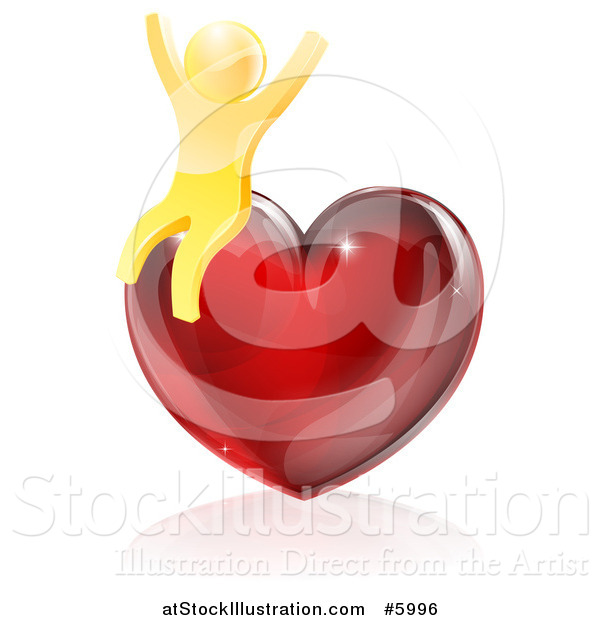Vector Illustration of a 3d Gold Man Sitting and Cheering on a Red Heart