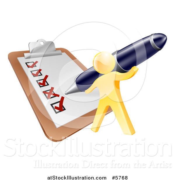 Vector Illustration of a 3d Gold Man Using a Pen to Check off a List