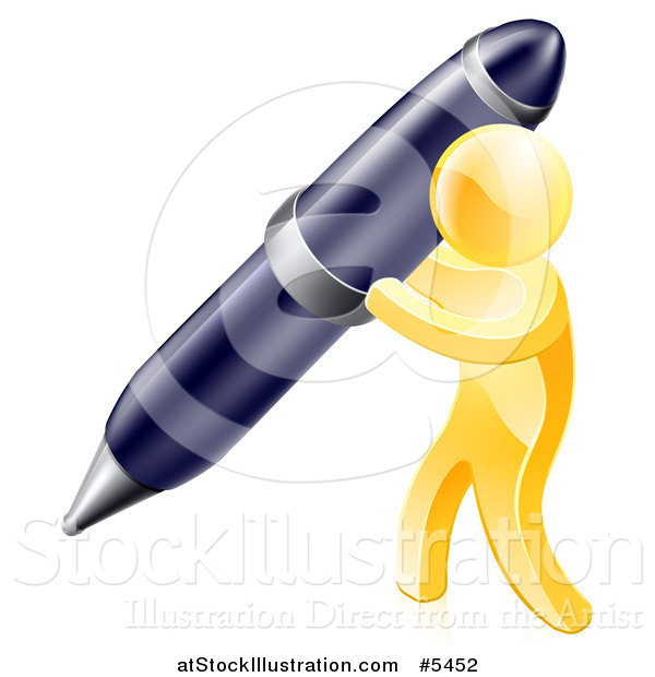 Vector Illustration of a 3d Gold Man Writing with a Giant Pen