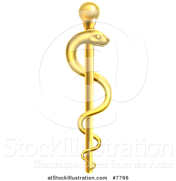 Vector Illustration of a 3d Gold Medical Rod of Asclepius with a Snake