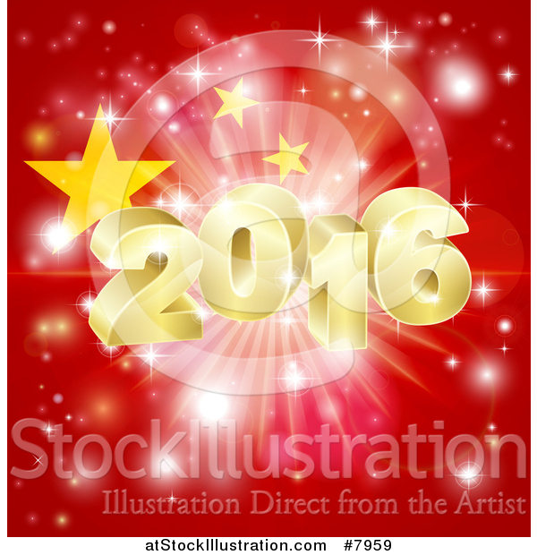 Vector Illustration of a 3d Gold New Year 2016 Burst over a Chinese Flag and Fireworks