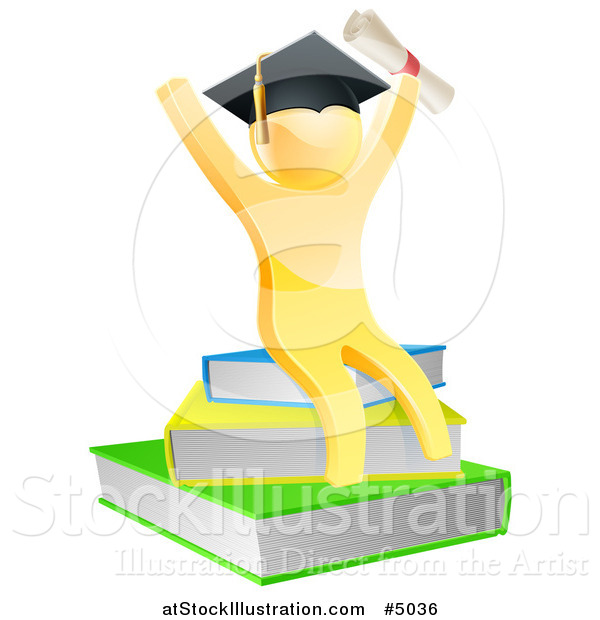 Vector Illustration of a 3d Gold Person Graduate with a Diploma, Cheering and Sitting on a Stack of Books
