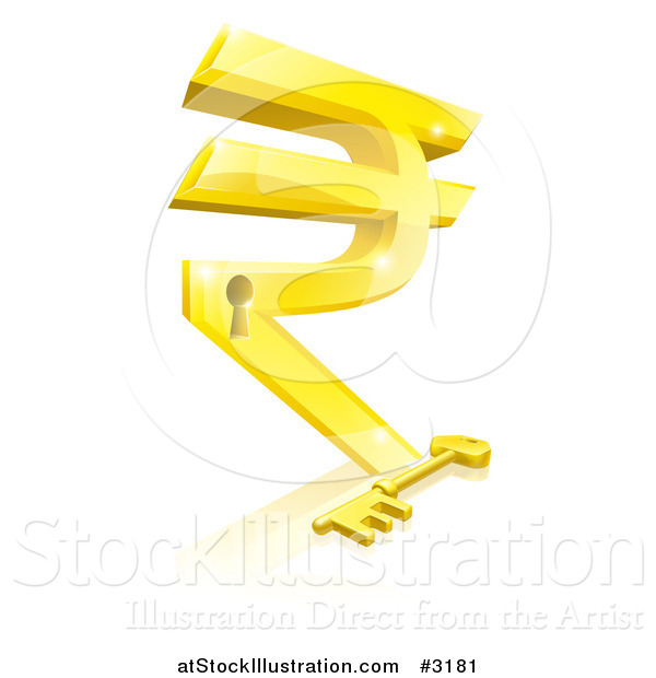 Vector Illustration of a 3d Gold Rupee Symbol Lock and Skeleton Key with a Reflection