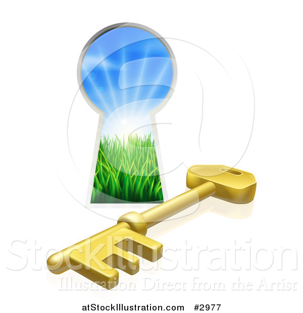 Vector Illustration of a 3d Gold Skeleton Key and Hole with Sunshine and Grass