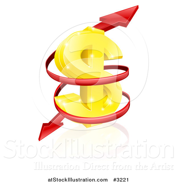 Vector Illustration of a 3d Gold USD Dollar Symbol with a Spiraling Red Arrow