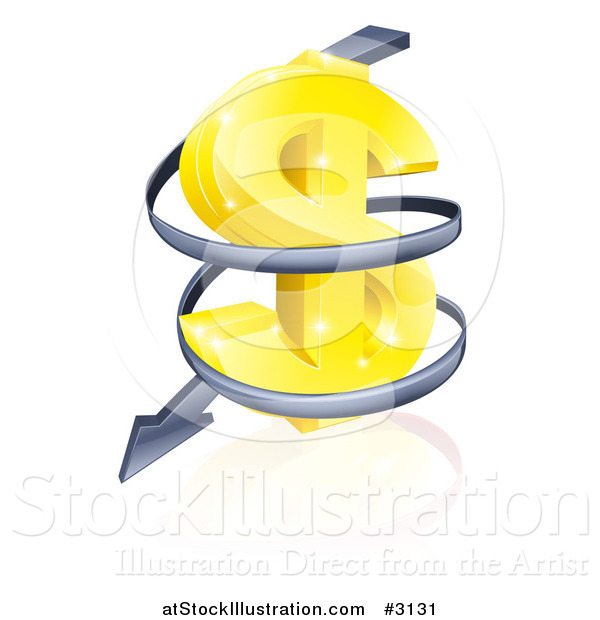 Vector Illustration of a 3d Gold USD Dollar Symbol with Falling Arrow Spiraling down