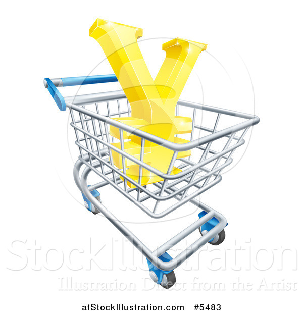 Vector Illustration of a 3d Gold Yen with a White Outline, in a Shopping Cart