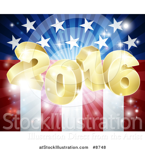 Vector Illustration of a 3d Golden 2016 Burst over an American Flag and Fireworks