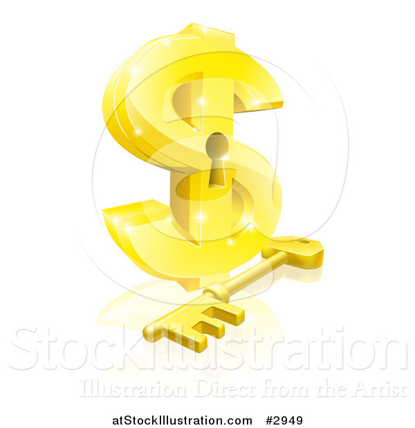 Vector Illustration of a 3d Golden Dollar Symbol with a Key Hole and Skeleton Key