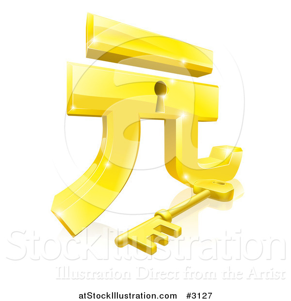 Vector Illustration of a 3d Golden Gold Yuan Lock and Key with a Reflection