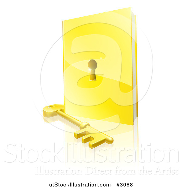 Vector Illustration of a 3d Golden Padlock Book and Skeleton Key with a Reflection