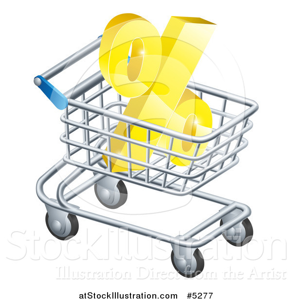 Vector Illustration of a 3d Golden Percent Discount Symbol in a Shopping Cart