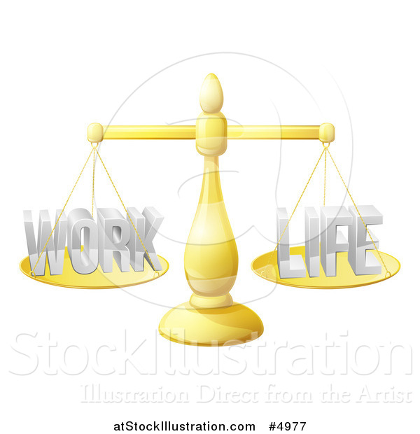 Vector Illustration of a 3d Golden Scales Balancing Work and Life Equally