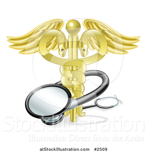 Vector Illustration of a 3d Golden Snake Caduceus with a Stethoscope