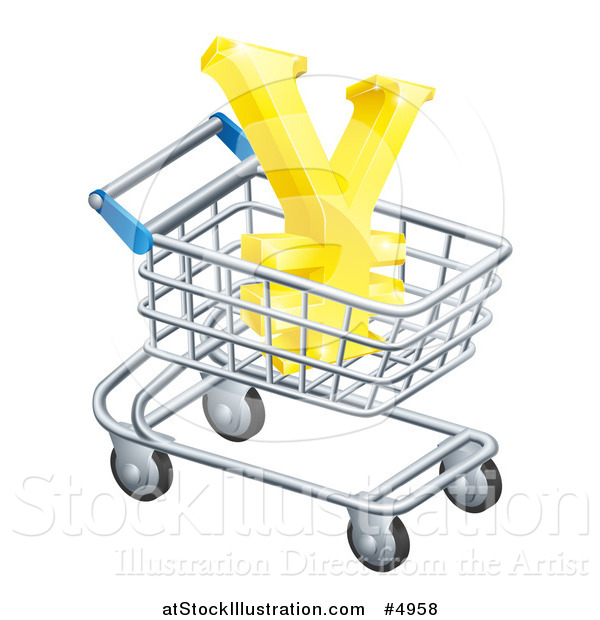 Vector Illustration of a 3d Golden Yen with a White Outline, in a Shopping Cart