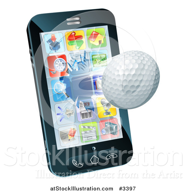 Vector Illustration of a 3d Golf Ball Flying Through and Breaking a Cellphone Screen