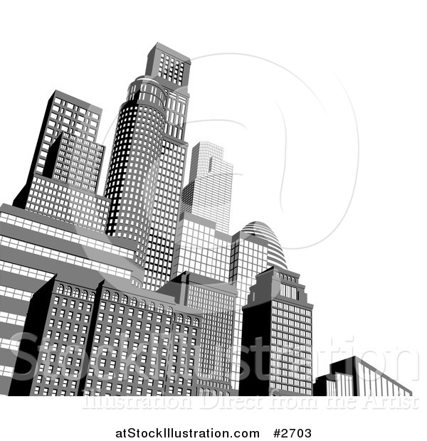 Vector Illustration of a 3d Grayscale City Skyscrapers with White Copyspace