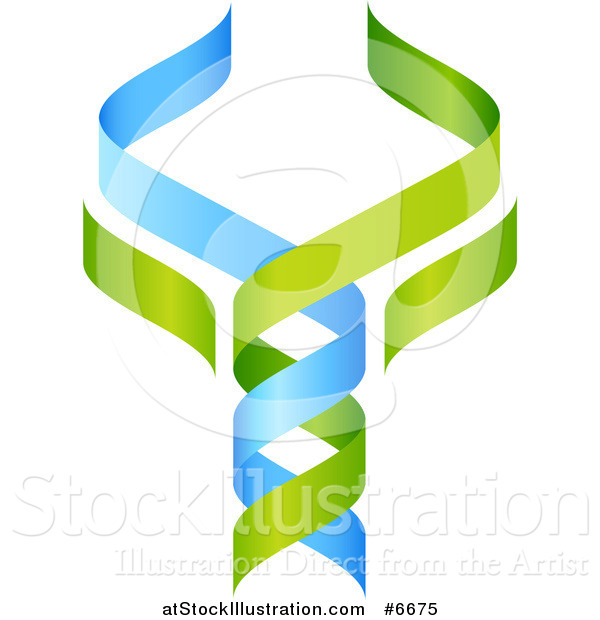 Vector Illustration of a 3d Green and Blue DNA Double Helix Tree Shaped like a Caduceus