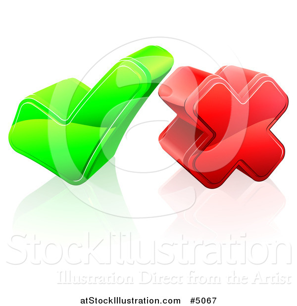 Vector Illustration of a 3d Green Check Mark and Red Cross