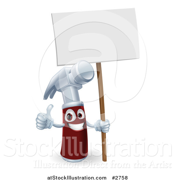Vector Illustration of a 3d Hammer Character Holding a Thumb up and a Blank Sign