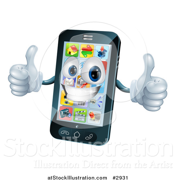 Vector Illustration of a 3d Happy Cell Phone Character Holding Two Thumbs up