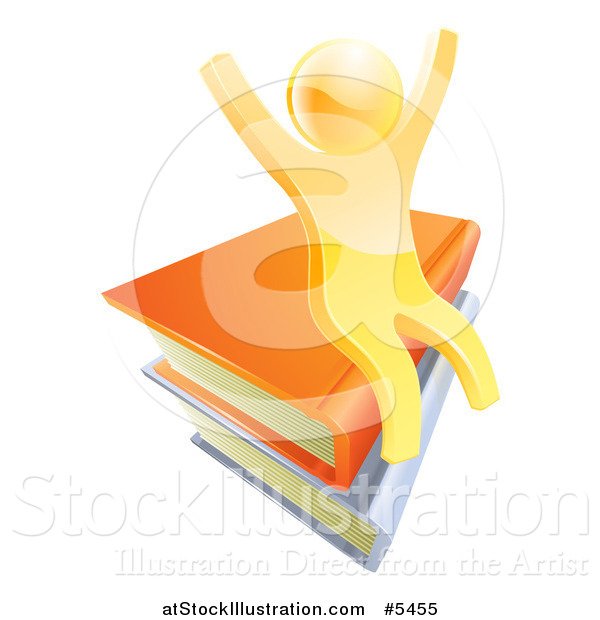 Vector Illustration of a 3d Happy Cheering Gold Man Sitting on a Stack of Books
