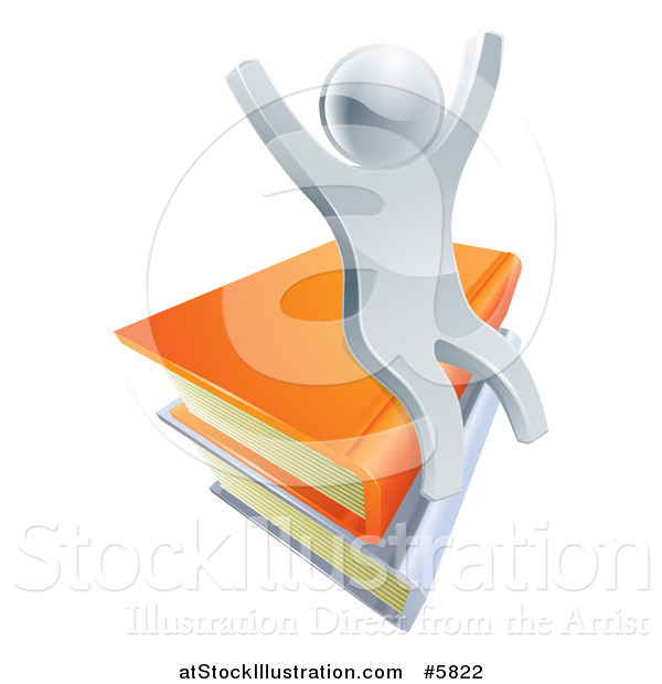 Vector Illustration of a 3d Happy Cheering Silver Man Sitting on Books