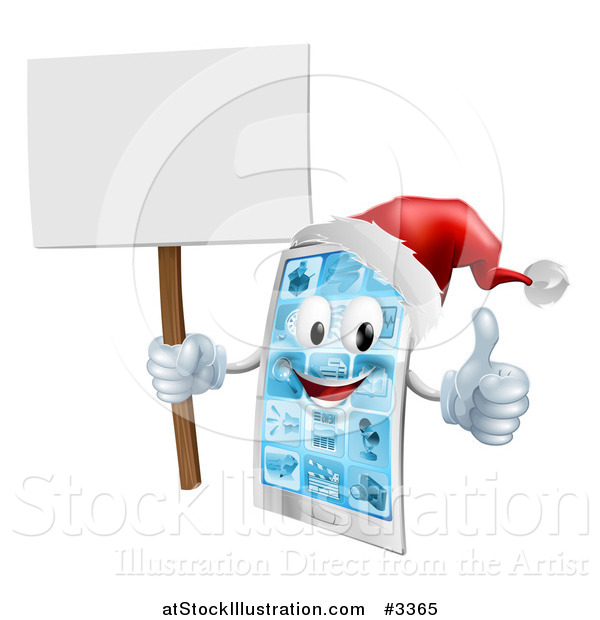Vector Illustration of a 3d Happy Christmas Cell Phone Mascot Holding a Sign Thumb up and Wearing a Santa Hat