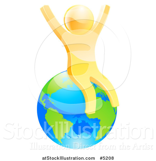 Vector Illustration of a 3d Happy Gold Man Sitting and Cheering on Planet Earth