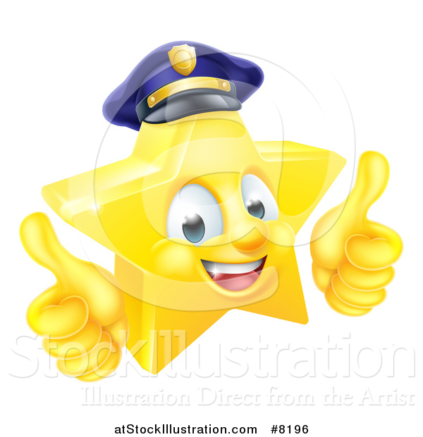 Vector Illustration of a 3d Happy Golden Police Office Star Emoji Emoticon Character Wearing a Hat and Giving Two Thumbs up