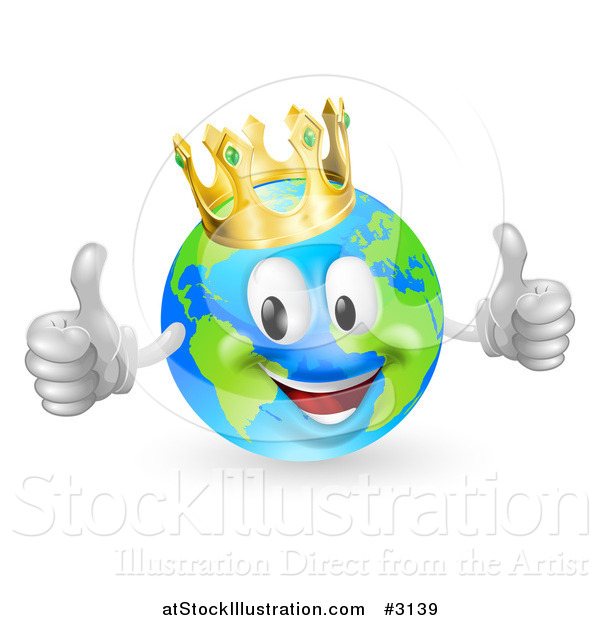 Vector Illustration of a 3d Happy King of the World Globe Holding Two Thumbs up