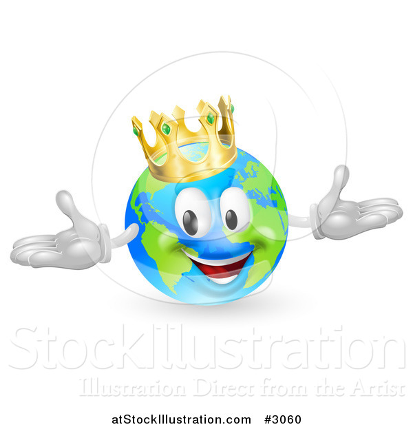 Vector Illustration of a 3d Happy King of the World Globe Wearing a Crown