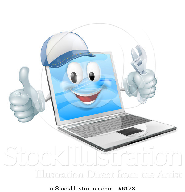 Vector Illustration of a 3d Happy Laptop Computer Repair Character Holding a Wrench and Thumb up