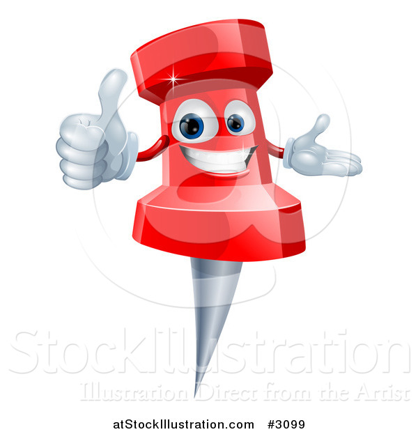 Vector Illustration of a 3d Happy Red Push Pin Mascot Holding a Thumb up