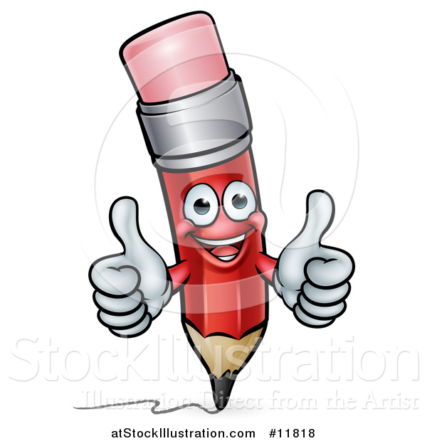 Vector Illustration of a 3d Happy Red Writing Pencil Holding up Two Thumbs