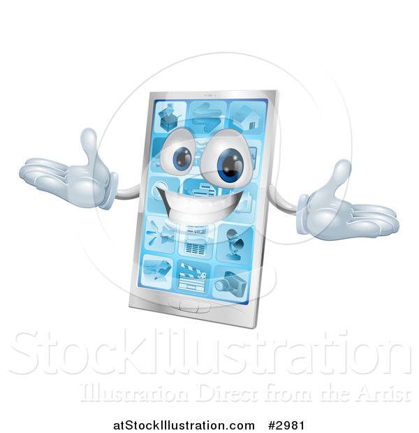 Vector Illustration of a 3d Happy Silver Touch Screen Smart Cell Phone