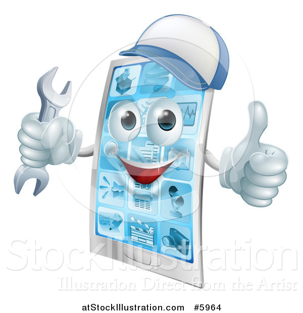 Vector Illustration of a 3d Happy Smart Phone Character Wearing a Hat, Holding a Thumb up and an Adjustable Wrench