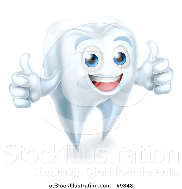 Vector Illustration of a 3d Happy White Tooth Character Giving Two Thumbs up