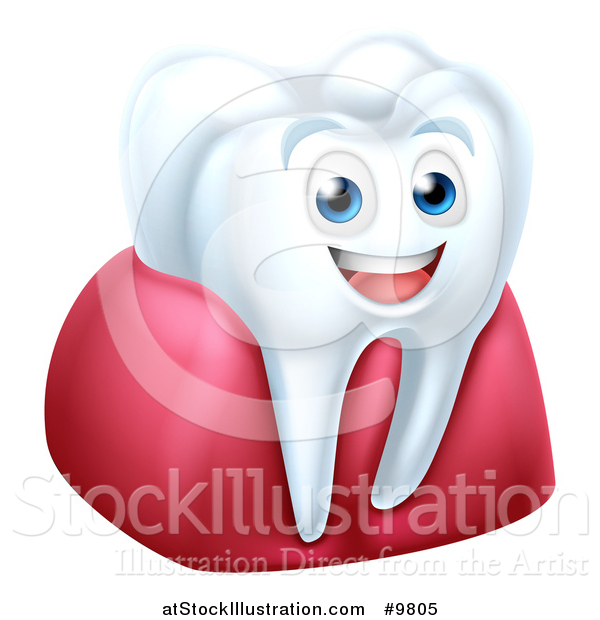 Vector Illustration of a 3d Happy White Tooth Character in Gums