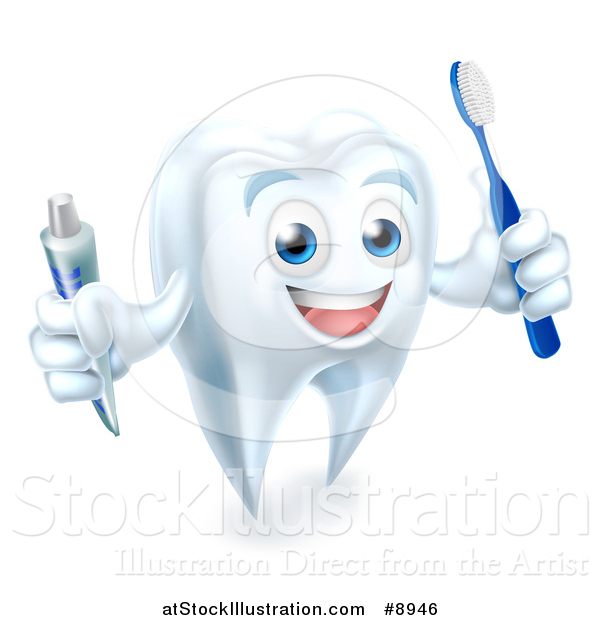 Vector Illustration of a 3d Happy White Tooth Character Smiling, Holding a Toothbrush and Tube of Toothpaste