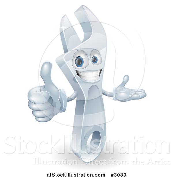Vector Illustration of a 3d Happy Wrench Mascot Holding a Thumb up