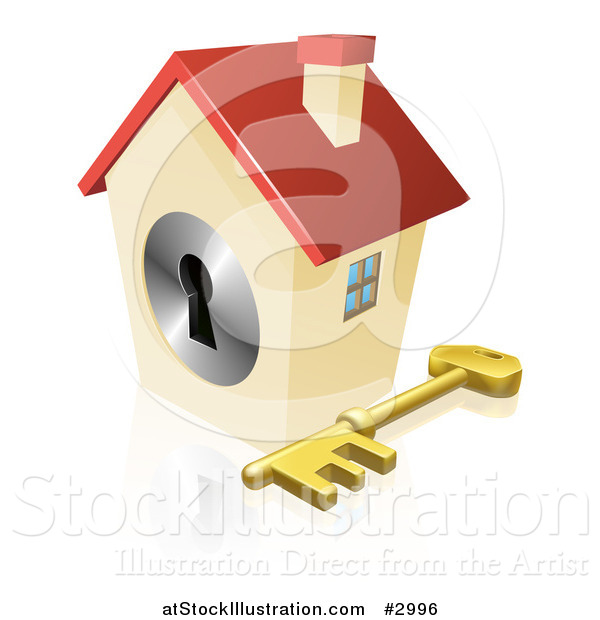 Vector Illustration of a 3d House Padlock with a Skeleton Key